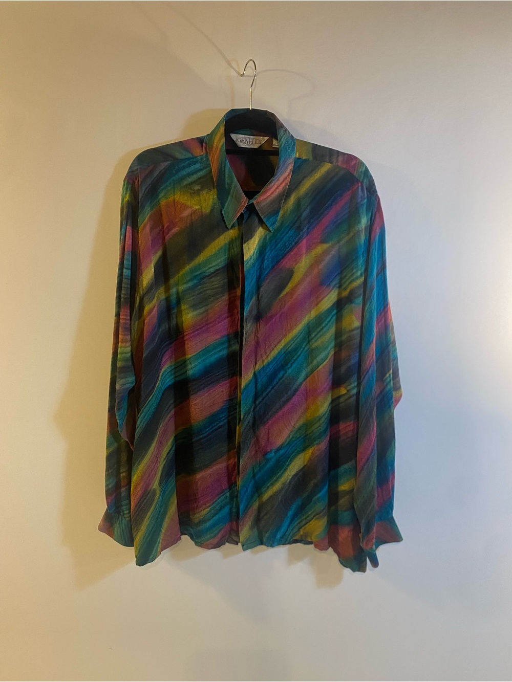 Vintage Genelli 100% Silk Colorful Rainbow Long Sleeve Full Front Button Shirt
